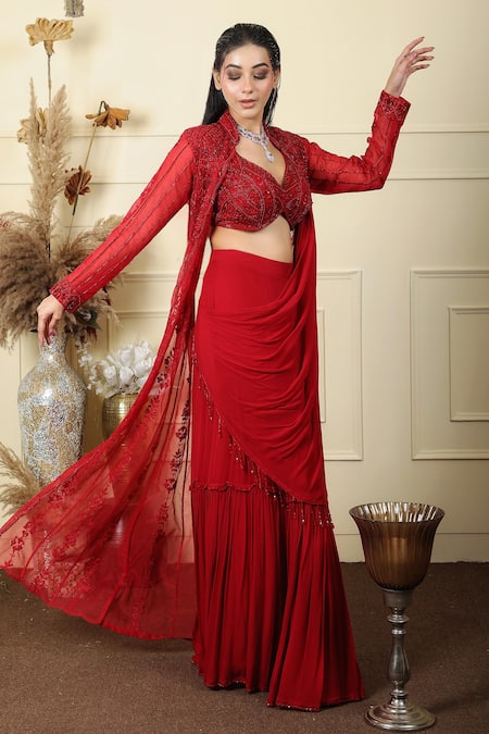 Buy_Lasha_Red Organza, Georgette Pearls, Sequins, Cut Gul Embroidered Pre-draped Saree Set _Online_at_Aza_Fashions