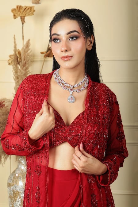 Lasha_Red Organza, Georgette Pearls, Sequins, Cut Gul Embroidered Pre-draped Saree Set _at_Aza_Fashions