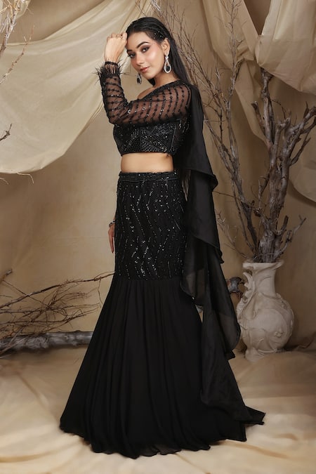 Lasha_Black Georgette, Organza Chevron Wave Embroidered Fishcut Lehenga With Blouse _Online_at_Aza_Fashions