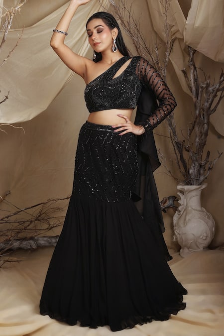 Buy_Lasha_Black Georgette, Organza Chevron Wave Embroidered Fishcut Lehenga With Blouse _Online_at_Aza_Fashions