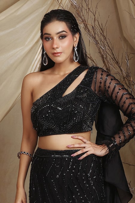 Shop_Lasha_Black Georgette, Organza Chevron Wave Embroidered Fishcut Lehenga With Blouse _Online_at_Aza_Fashions
