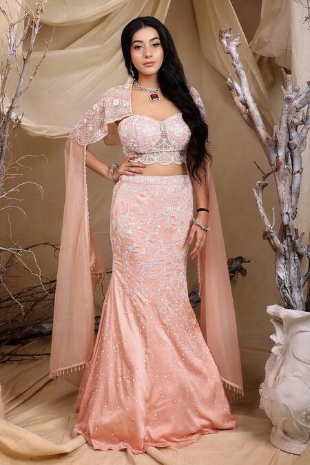 Lasha_Pink Organza, Crepe Pearls, Sequins, Crystals Florence Embroidered Lehenga Set _at_Aza_Fashions
