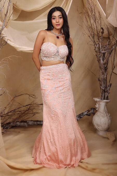 Buy_Lasha_Pink Organza, Crepe Pearls, Sequins, Crystals Florence Embroidered Lehenga Set 