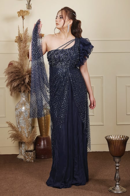 Lasha_Blue Tulle, Crepe Sequins One Shoulder Iris Bloom Embroidered Draped Saree Gown _Online_at_Aza_Fashions