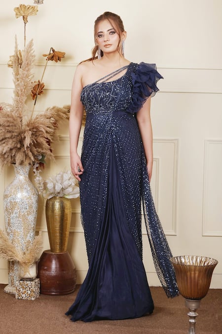 Buy_Lasha_Blue Tulle, Crepe Sequins One Shoulder Iris Bloom Embroidered Draped Saree Gown _Online_at_Aza_Fashions