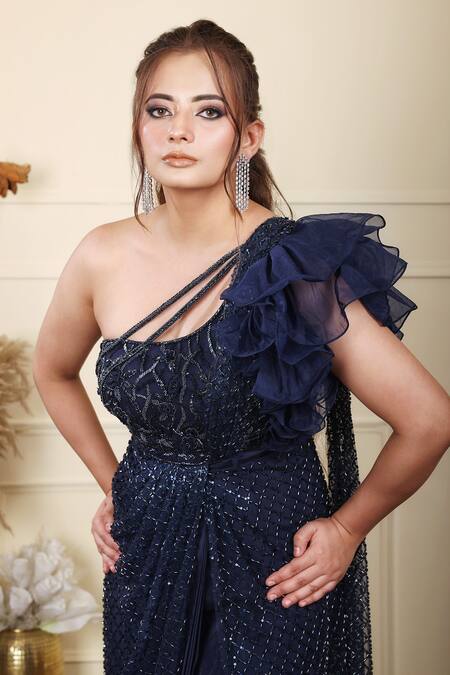 Shop_Lasha_Blue Tulle, Crepe Sequins One Shoulder Iris Bloom Embroidered Draped Saree Gown _Online_at_Aza_Fashions
