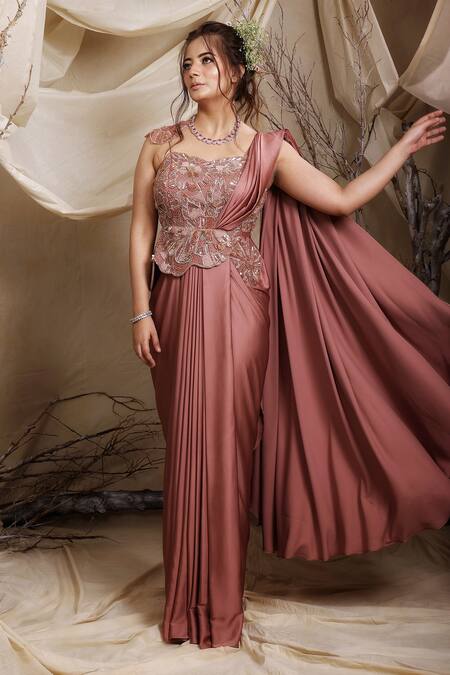 Lasha_Pink Tulle, Satin Beads, Sequins Lily Bloom Embroidered Draped Saree Gown _Online_at_Aza_Fashions