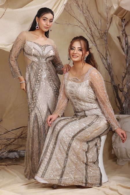 Lasha_Ivory Tulle, Lycra Smocking Round Neck Fornix Crystal Embroidered Gown _Online_at_Aza_Fashions