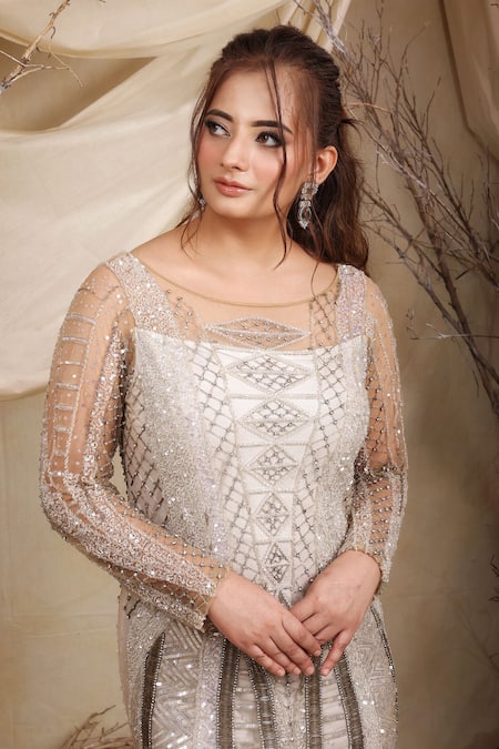 Buy_Lasha_Ivory Tulle, Lycra Smocking Round Neck Fornix Crystal Embroidered Gown _Online_at_Aza_Fashions