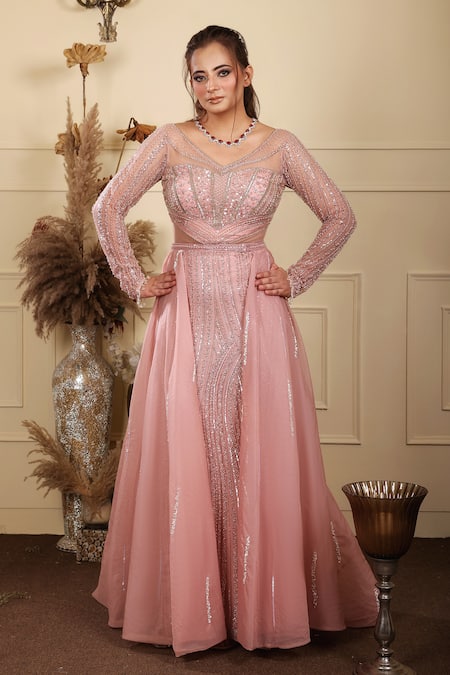 Lasha Florid Crystal Embroidered Gown With Trail 