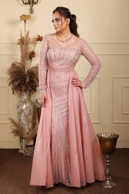 Lasha_Pink Organza, Tulle, Lycra Sequins, Florid Crystal Embroidered Gown With Trail _Online_at_Aza_Fashions