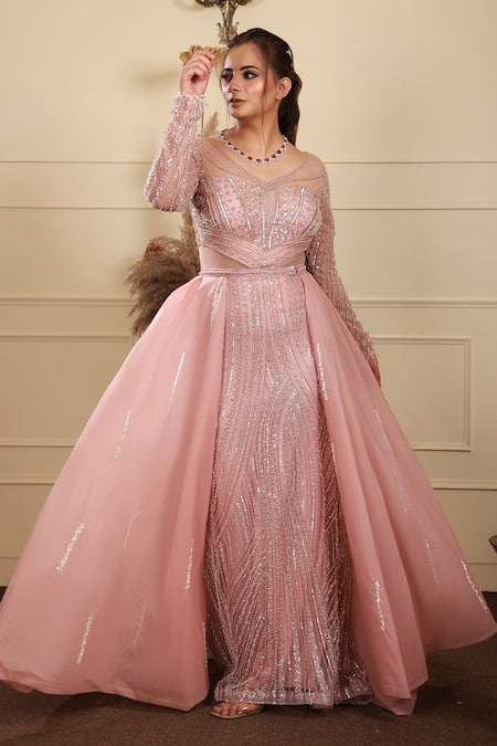 Shop_Lasha_Pink Organza, Tulle, Lycra Sequins, Florid Crystal Embroidered Gown With Trail _Online_at_Aza_Fashions