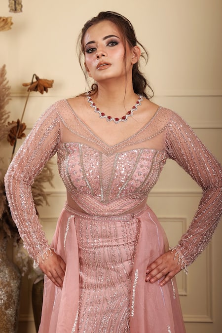 Lasha_Pink Organza, Tulle, Lycra Sequins, Florid Crystal Embroidered Gown With Trail _at_Aza_Fashions