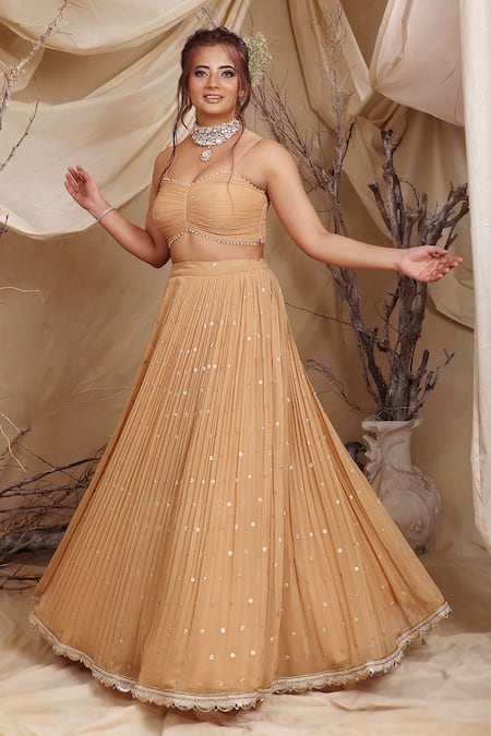 Lasha_Peach Satin, Georgette Daisy Bloom Embroidered Jacket And Pleated Lehenga Set _Online_at_Aza_Fashions