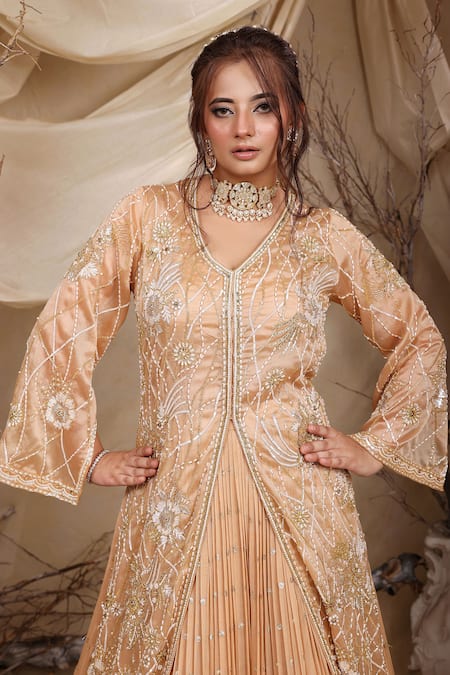 Buy_Lasha_Peach Satin, Georgette Daisy Bloom Embroidered Jacket And Pleated Lehenga Set _Online_at_Aza_Fashions