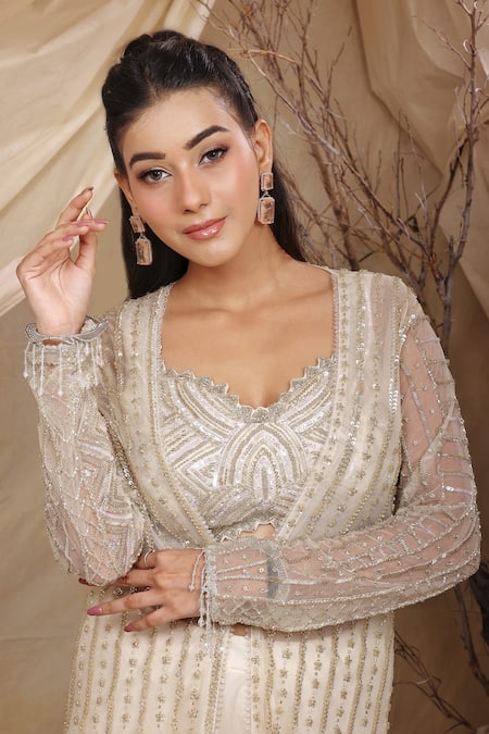 Lasha_Ivory Organza Sequins, Cut Work Phool Vine Embroidered Jacket And Lehenga Set _Online_at_Aza_Fashions
