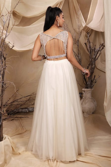 Shop_Lasha_Ivory Organza Sequins, Cut Work Phool Vine Embroidered Jacket And Lehenga Set _Online_at_Aza_Fashions