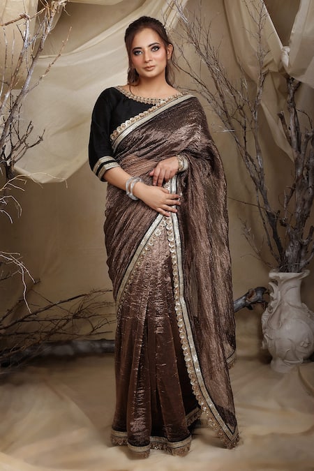 Lasha Brown Tissue Organza Embroidery Zari Florin Embellished Border Saree With Blouse 