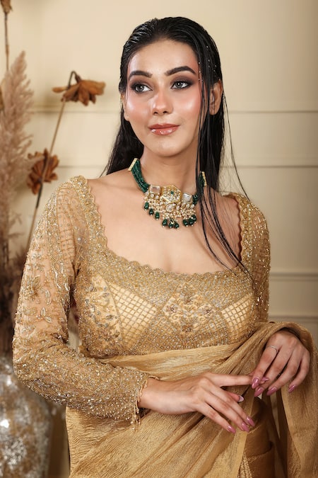 Lasha_Gold Crepe, Tissue Crystals, Cut Crushed With Flora Embroidered _Online_at_Aza_Fashions