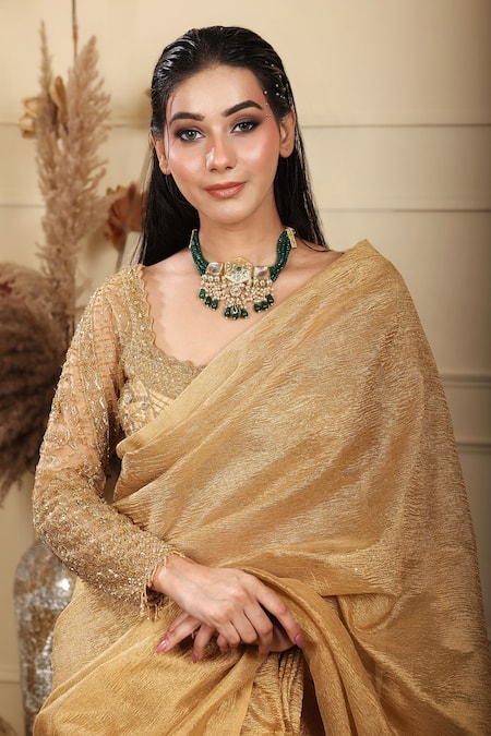 Buy_Lasha_Gold Crepe, Tissue Crystals, Cut Crushed With Flora Embroidered _Online_at_Aza_Fashions