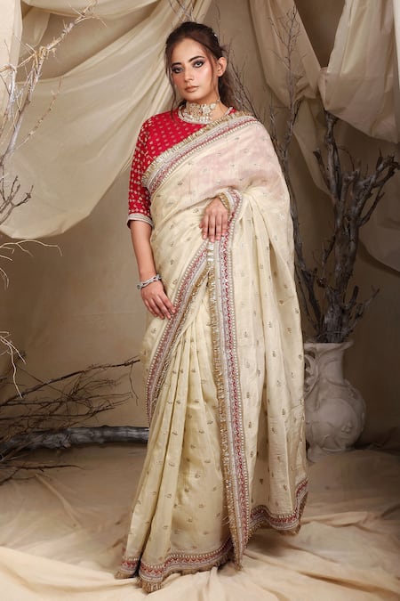 Lasha Ivory Tissue Organza Embroidery Zari Kiran Lace Border Flora Saree With Blouse 