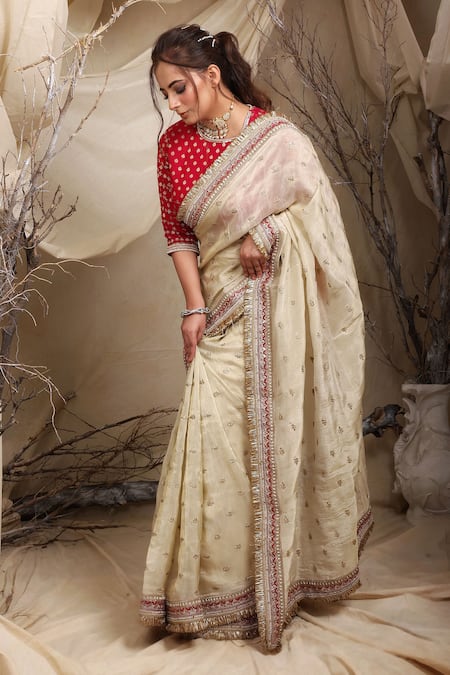 Lasha_Ivory Tissue, Organza Kiran Lace Border Flora Embroidered Saree With Blouse_Online_at_Aza_Fashions