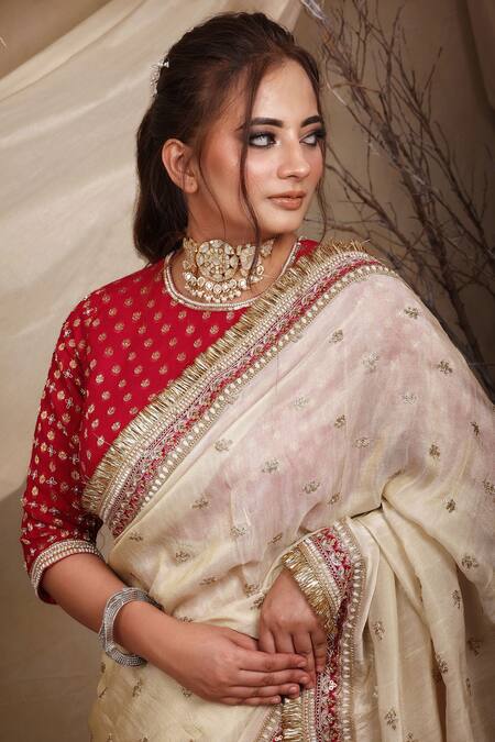 Buy_Lasha_Ivory Tissue, Organza Kiran Lace Border Flora Embroidered Saree With Blouse_Online_at_Aza_Fashions