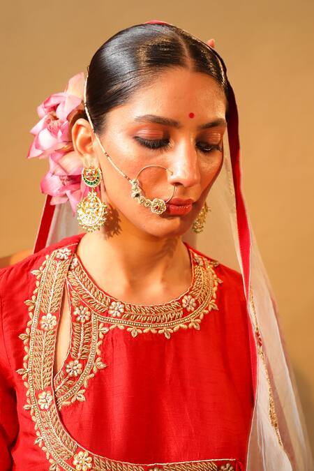 MAISARA JEWELRY_Gold Plated Pearls, Stones Kundan Nath _Online_at_Aza_Fashions