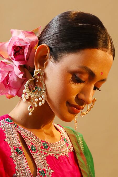 MAISARA JEWELRY_Multi Color Pearls, Stones Kundan Studded Chandbalis _Online_at_Aza_Fashions