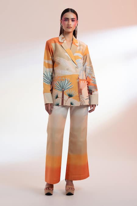 Gazab by Miku Kumar Beige Silk Chanderi Printed Nature Lapel Les Cerfs Paris Jacket With Pant 