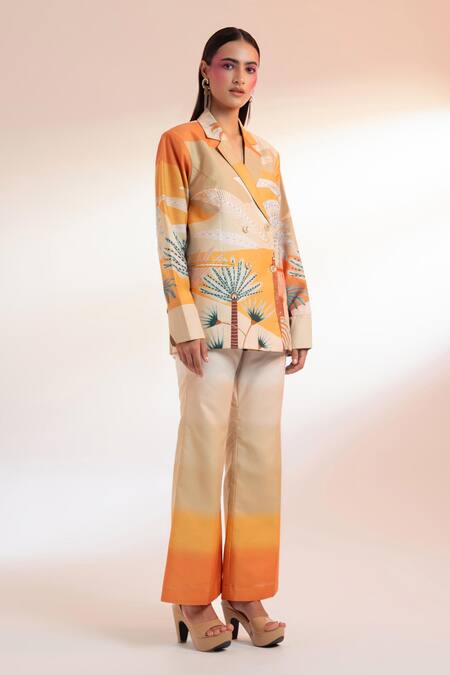 Gazab by Miku Kumar Beige Silk, Chanderi Collared Les Cerfs Paris Printed Jacket With Pant at Aza Fashions Gazab by Miku Kumar_Beige Silk, Chanderi Collared Les Cerfs Paris Printed Jacket With Pant _at_Aza_Fashions