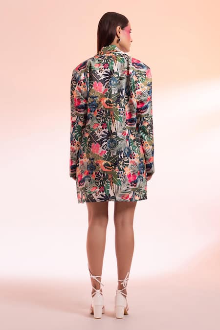 Shop Gazab by Miku Kumar Multi Color Linen Sweetheart Neck Parc Floral Paris Printed Jacket With Dress at Aza Fashions Shop_Gazab by Miku Kumar_Multi Color Linen Sweetheart Neck Parc Floral Paris Printed Jacket With Dress _at_Aza_Fashions