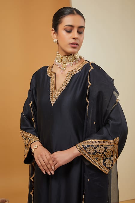 Shop Neha Khullar Black Chanderi Silk, Organza, Crepe Zari, Embroidery Placement Kurta Pant Set at Aza Fashions Shop_Neha Khullar_Black Chanderi Silk, Organza, Crepe Zari, Embroidery Placement Kurta Pant Set _at_Aza_Fashions