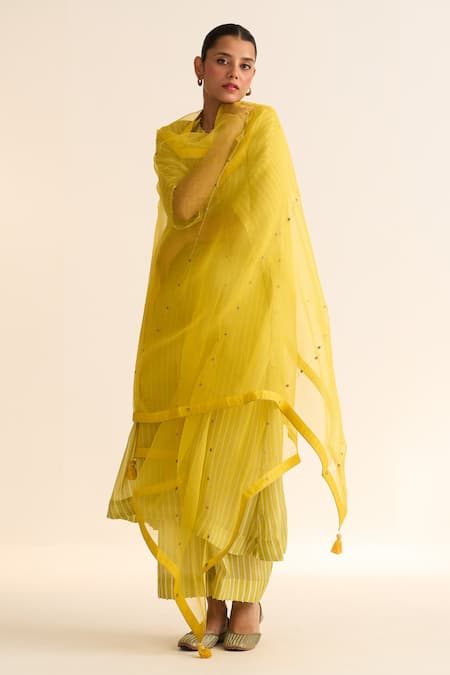 Dot Yellow Organza Embroidered Thread Star Bell Dupatta