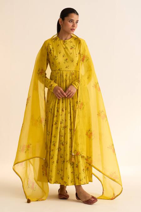 Shop_Dot_Yellow Organza Tassels Evani Floral Print Dupatta _Online_at_Aza_Fashions