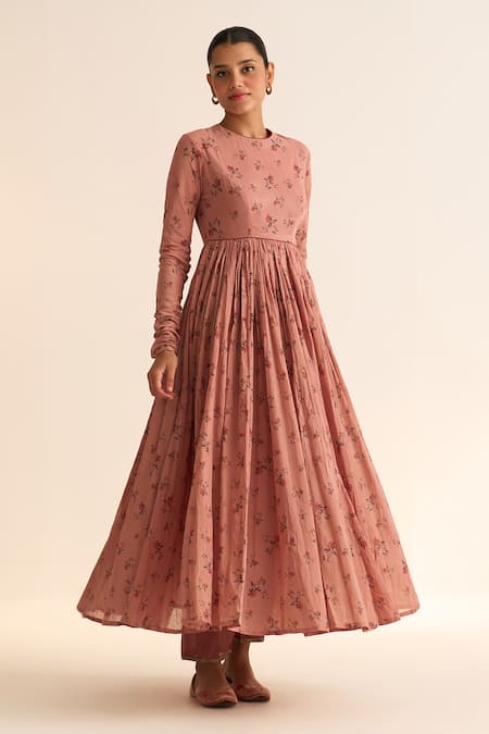 Dot Gathered Floral Print Anarkali 