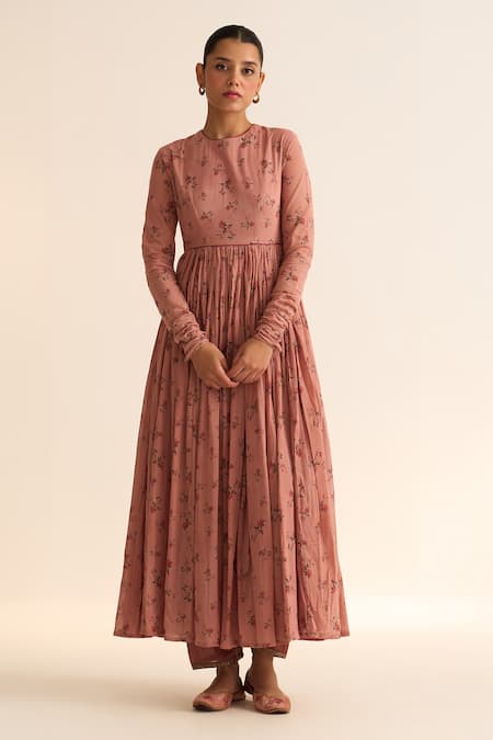 Shop_Dot_Pink Cotton Embroidery Round Neck Gathered Floral Print Anarkali _Online_at_Aza_Fashions