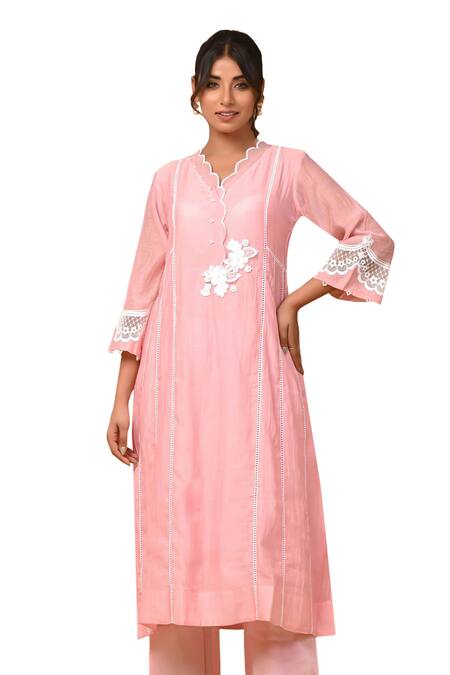 Buy_Gulabik Jaipur_Pink Chanderi Pearls, Lace Scoop Neck Embellished Kurta With Pant 