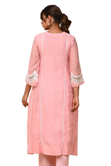 Shop_Gulabik Jaipur_Pink Chanderi Pearls, Lace Scoop Neck Embellished Kurta With Pant 