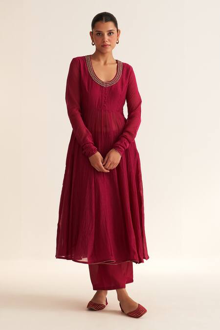 Buy_Dot_Red Chanderi , Organza, Cotton, Embroidery Amal Deep Anarkali Pant Set 