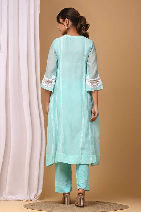 Shop_Gulabik Jaipur_Green Handloom Cotton, Chanderi Pearls Scoop Scallop Embellished Kurta With Pant _at_Aza_Fashions