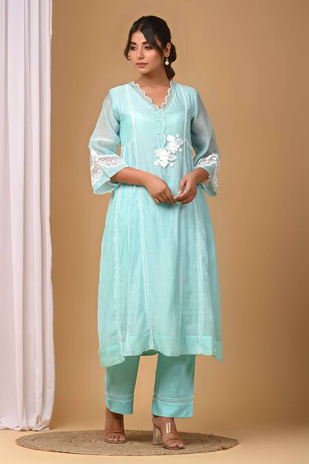 Buy_Gulabik Jaipur_Green Handloom Cotton, Chanderi Pearls Scoop Scallop Embellished Kurta With Pant _Online_at_Aza_Fashions