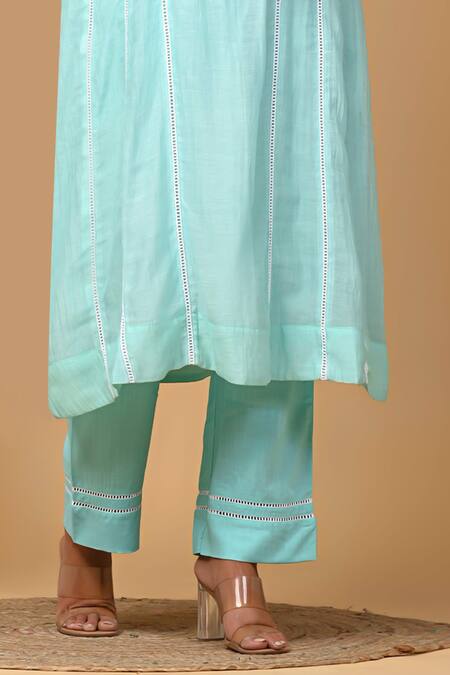Shop_Gulabik Jaipur_Green Handloom Cotton, Chanderi Pearls Scoop Scallop Embellished Kurta With Pant _Online_at_Aza_Fashions