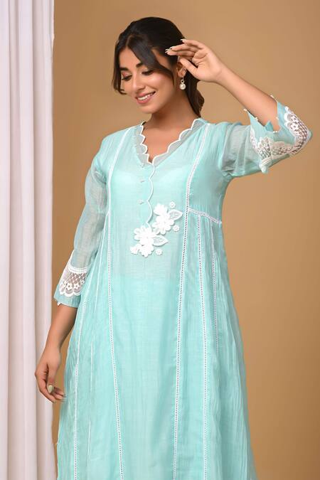 Gulabik Jaipur_Green Handloom Cotton, Chanderi Pearls Scoop Scallop Embellished Kurta With Pant _at_Aza_Fashions