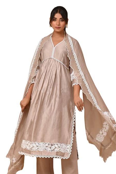 Shop_Gulabik Jaipur_Beige Chanderi, Handloom Cotton Lace V-neck Scallop Kurta And Dupatta Set 
