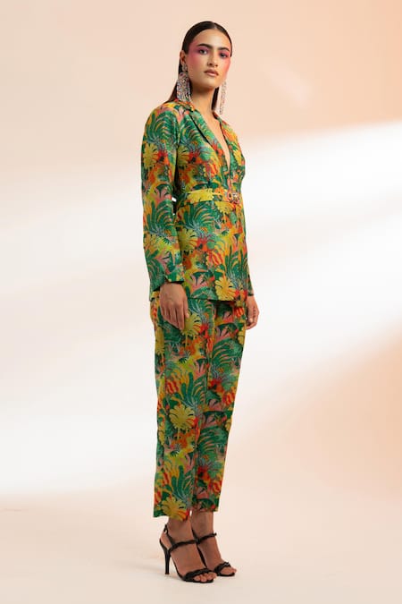 Shop Gazab by Miku Kumar Green Silk, Chanderi Buckles V-neck The Tuileries Garden Paris Jacket With Pant Online at Aza Fashions Shop_Gazab by Miku Kumar_Green Silk, Chanderi Buckles V-neck The Tuileries Garden Paris Jacket With Pant _Online_at_Aza_Fashions