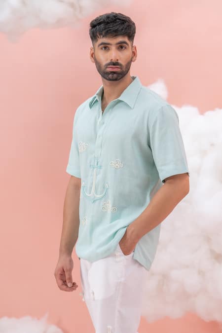 Runit Gupta Blue Linen Cotton Embroidery Anchor Cloud Shirt 