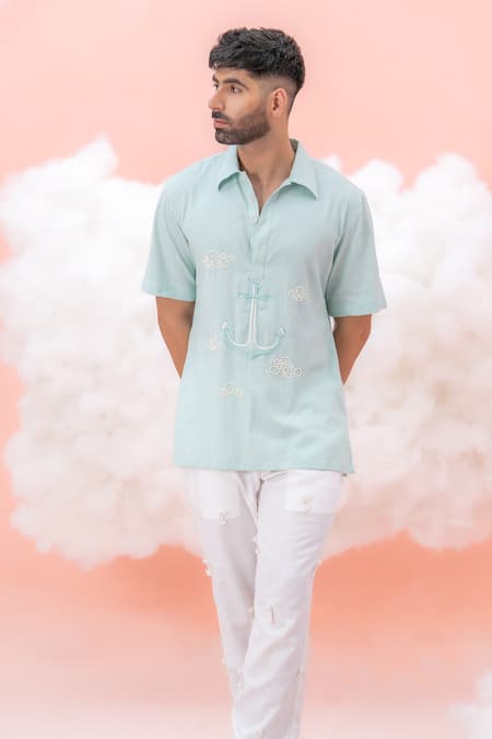 Shop_Runit Gupta_Blue Linen Cotton Embroidery Anchor Cloud Shirt _at_Aza_Fashions