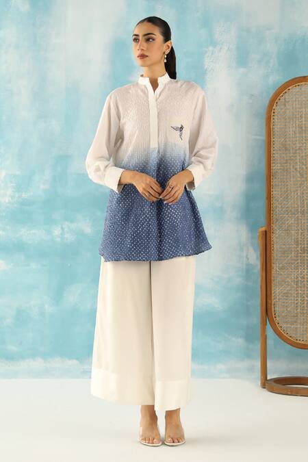 Twenty Nine White Silk Embroidery Mandarin Collar Ombre Raidaana Bandhani Woven Tunic at Aza Fashions Twenty Nine_White Silk Embroidery Mandarin Collar Ombre Raidaana Bandhani Woven Tunic _at_Aza_Fashions