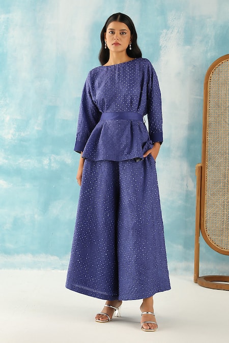 Twenty Nine Blue Gingham Boat Neck Bandhani Woven Top at Aza Fashions Twenty Nine_Blue Gingham Boat Neck Bandhani Woven Top _at_Aza_Fashions